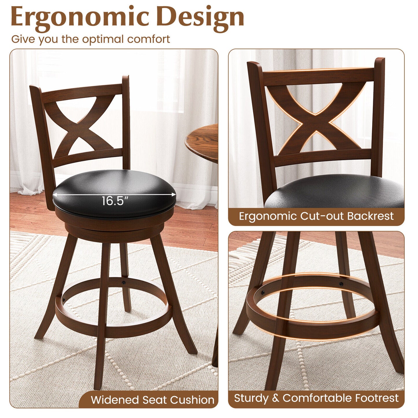 Pair of Classic 24 Inch Swivel Bar Stools with X-Shaped Open Back and Counter Height Design