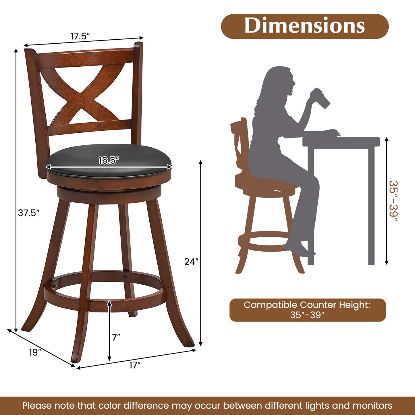 Pair of Classic 24 Inch Swivel Bar Stools with X-Shaped Open Back and Counter Height Design