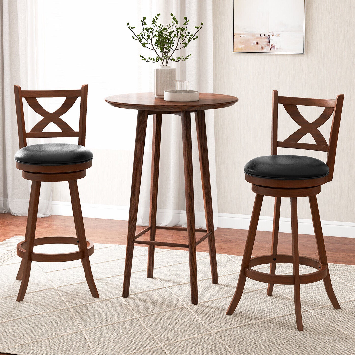 Pair of Classic 30 Inch Swivel Bar Stools with X-Shaped Open Back and Counter Height Design