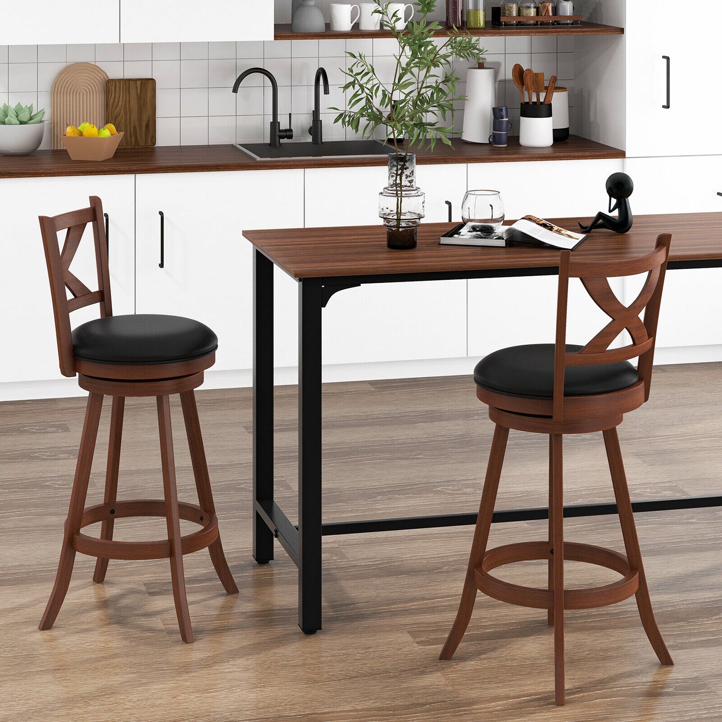 Pair of Classic 30 Inch Swivel Bar Stools with X-Shaped Open Back and Counter Height Design