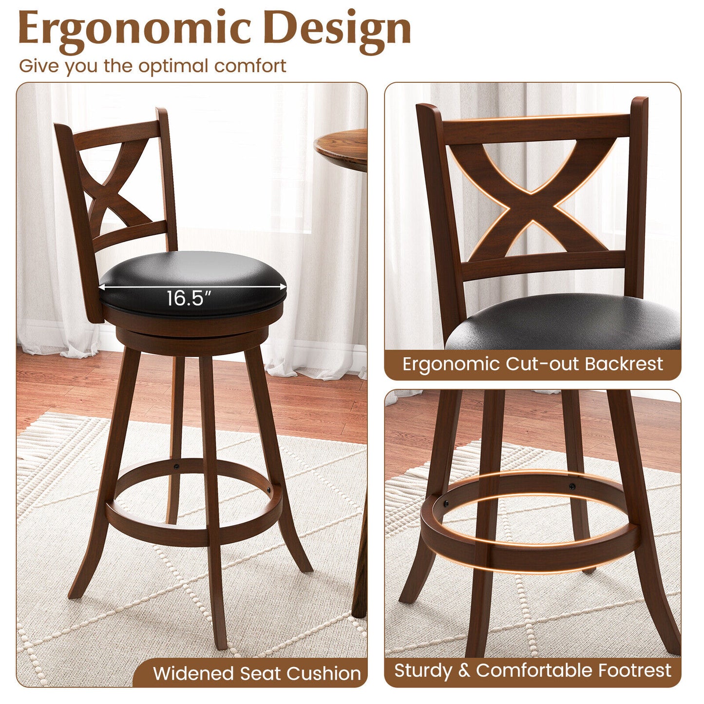 Pair of Classic 30 Inch Swivel Bar Stools with X-Shaped Open Back and Counter Height Design
