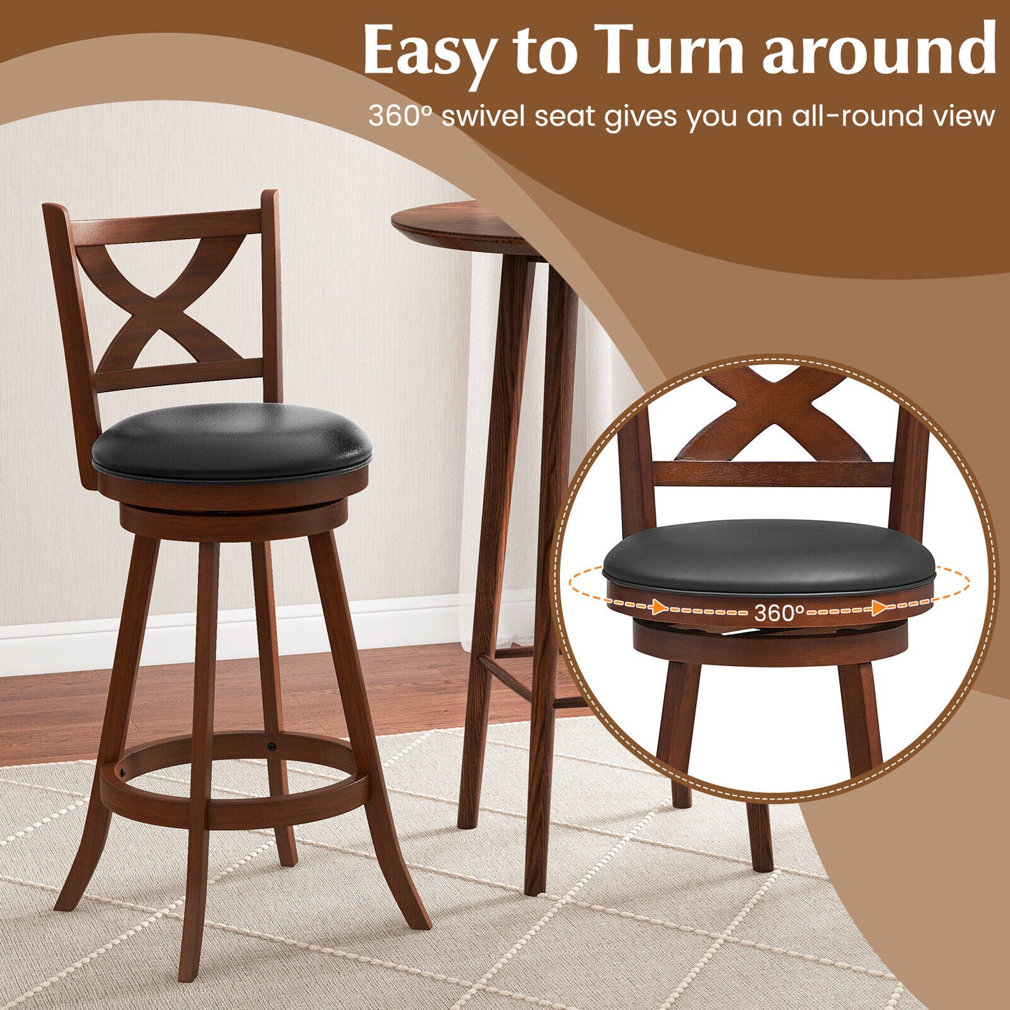 Pair of Classic 30 Inch Swivel Bar Stools with X-Shaped Open Back and Counter Height Design