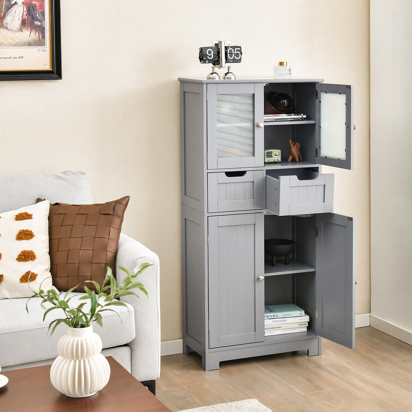 3 Tier Freestanding Bathroom Cabinet with 2 Drawers & Glass Doors for Stylish Storage