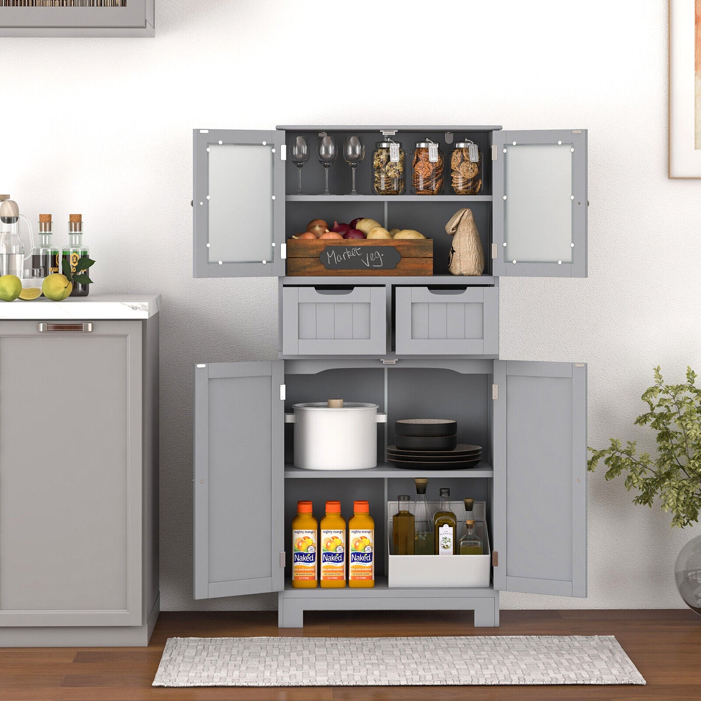 3 Tier Freestanding Bathroom Cabinet with 2 Drawers & Glass Doors for Stylish Storage