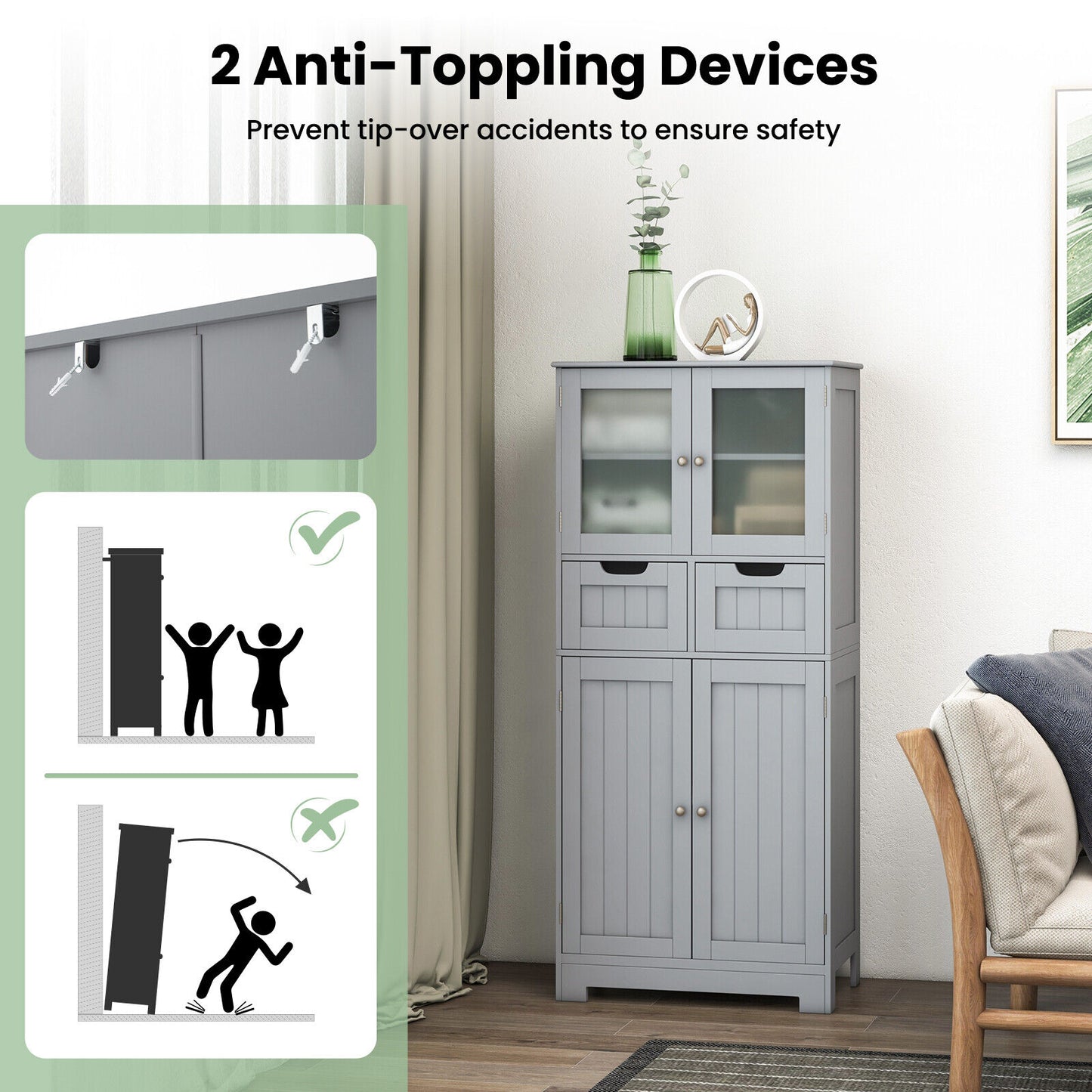 3 Tier Freestanding Bathroom Cabinet with 2 Drawers & Glass Doors for Stylish Storage