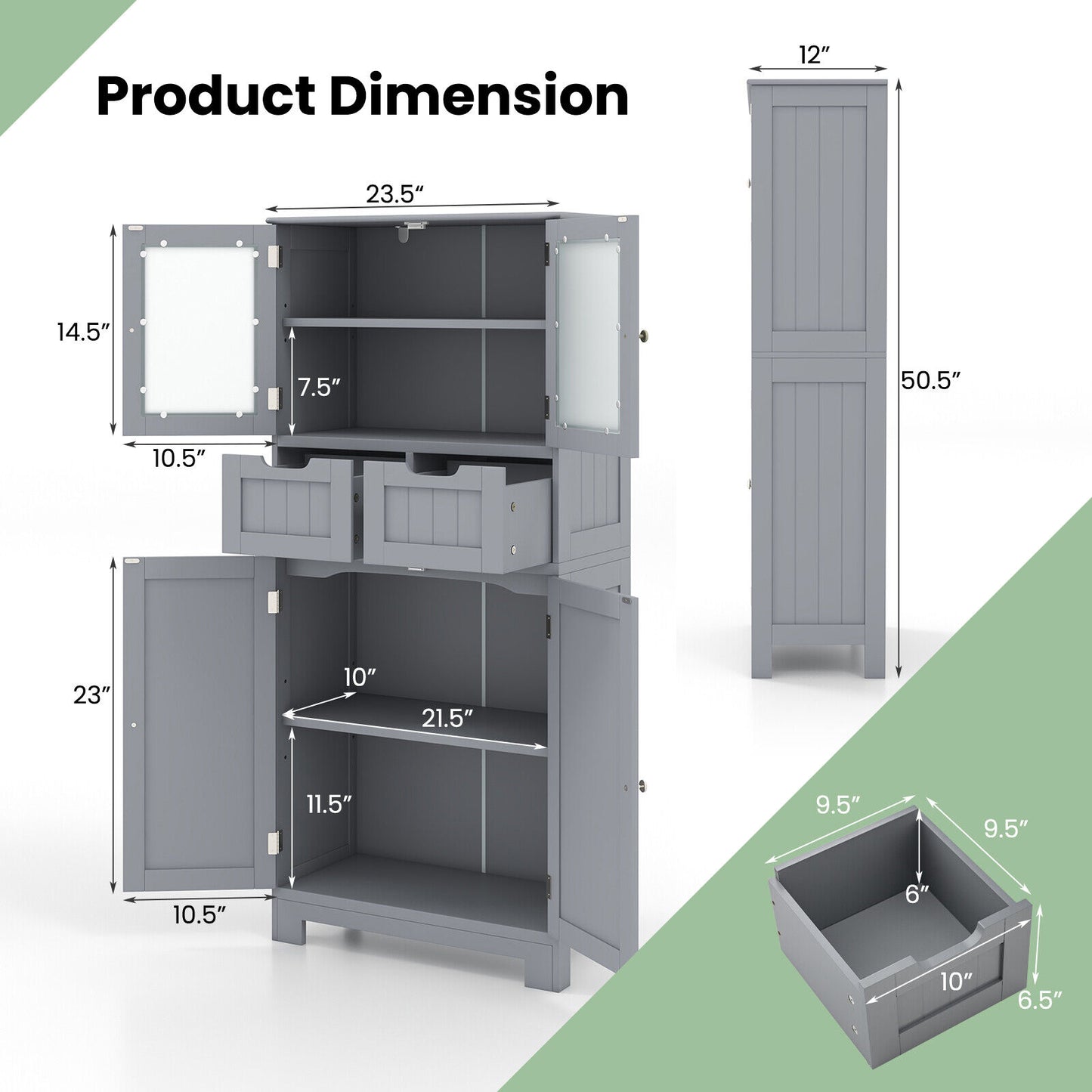 3 Tier Freestanding Bathroom Cabinet with 2 Drawers & Glass Doors for Stylish Storage