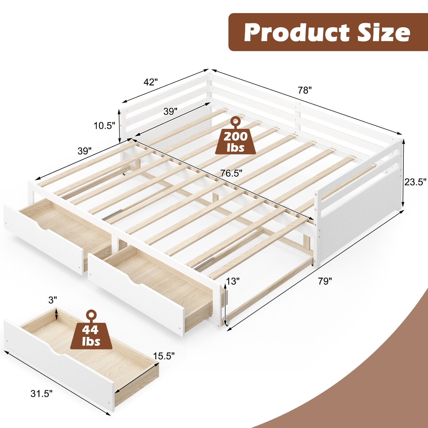 Extendable Daybed with Trundle & 2 Storage Drawers - Twin to Full, White