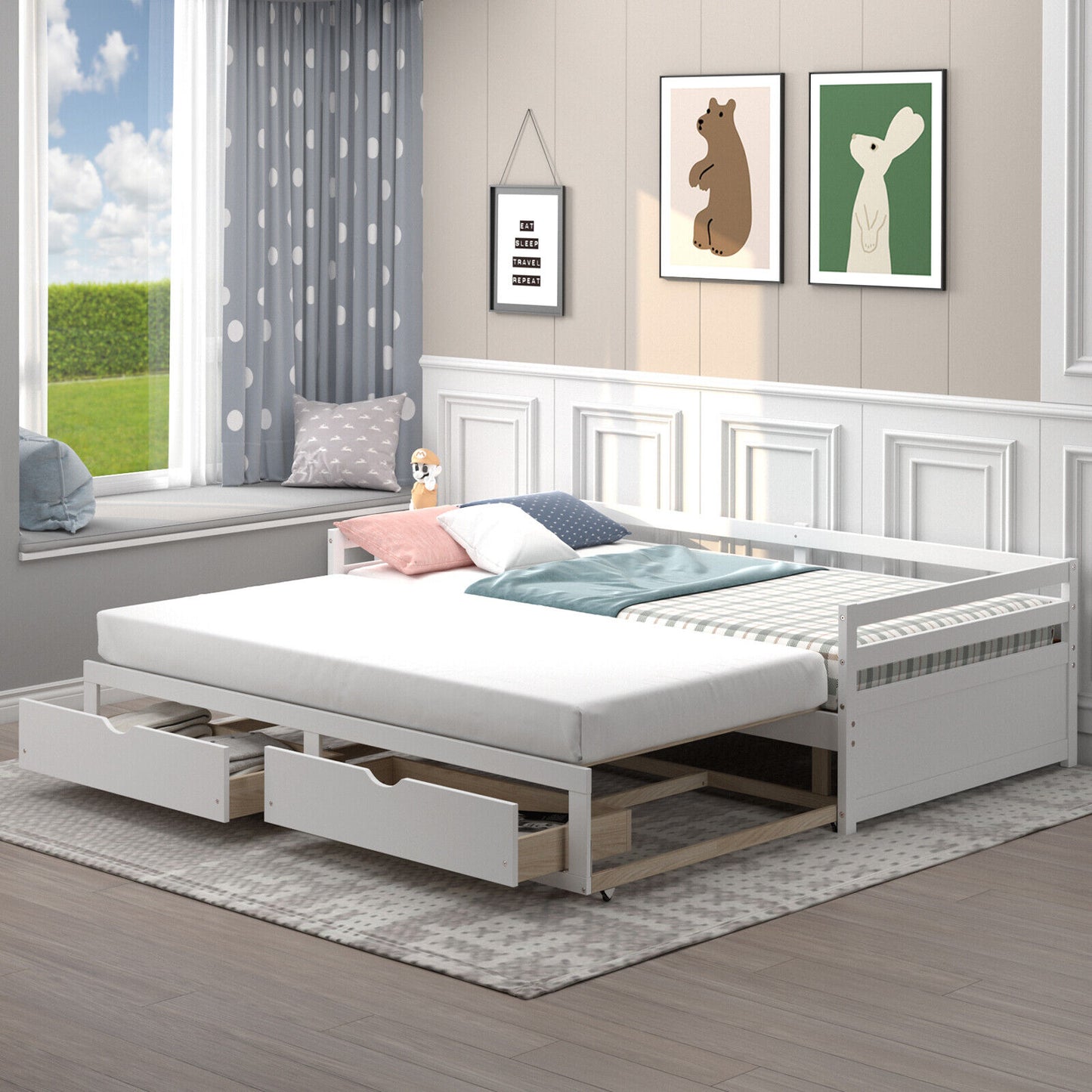 Extendable Daybed with Trundle & 2 Storage Drawers - Twin to Full, White