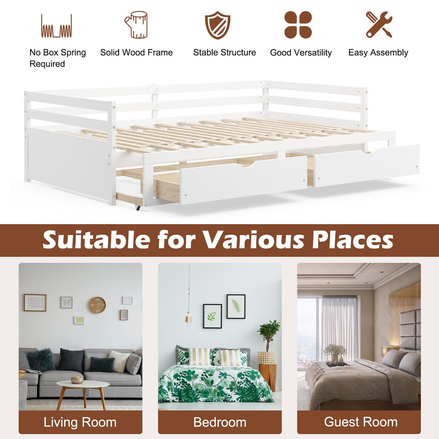 Extendable Daybed with Trundle & 2 Storage Drawers - Twin to Full, White