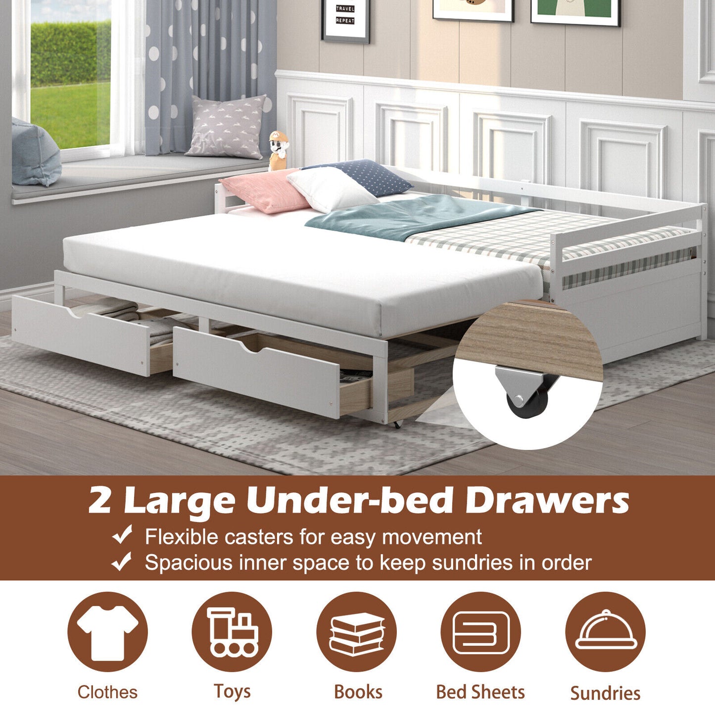 Extendable Daybed with Trundle & 2 Storage Drawers - Twin to Full, White