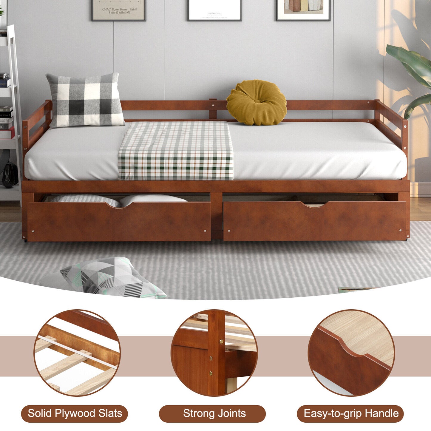 Extendable Daybed with Trundle & 2 Storage Drawers - Twin to Full, Brown