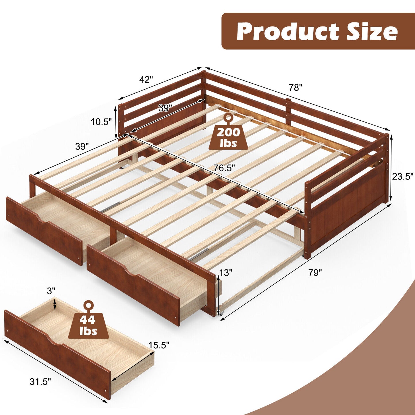 Extendable Daybed with Trundle & 2 Storage Drawers - Twin to Full, Brown