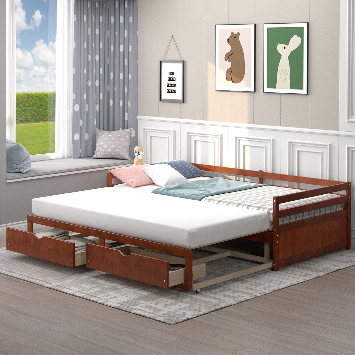 Extendable Daybed with Trundle & 2 Storage Drawers - Twin to Full, Brown