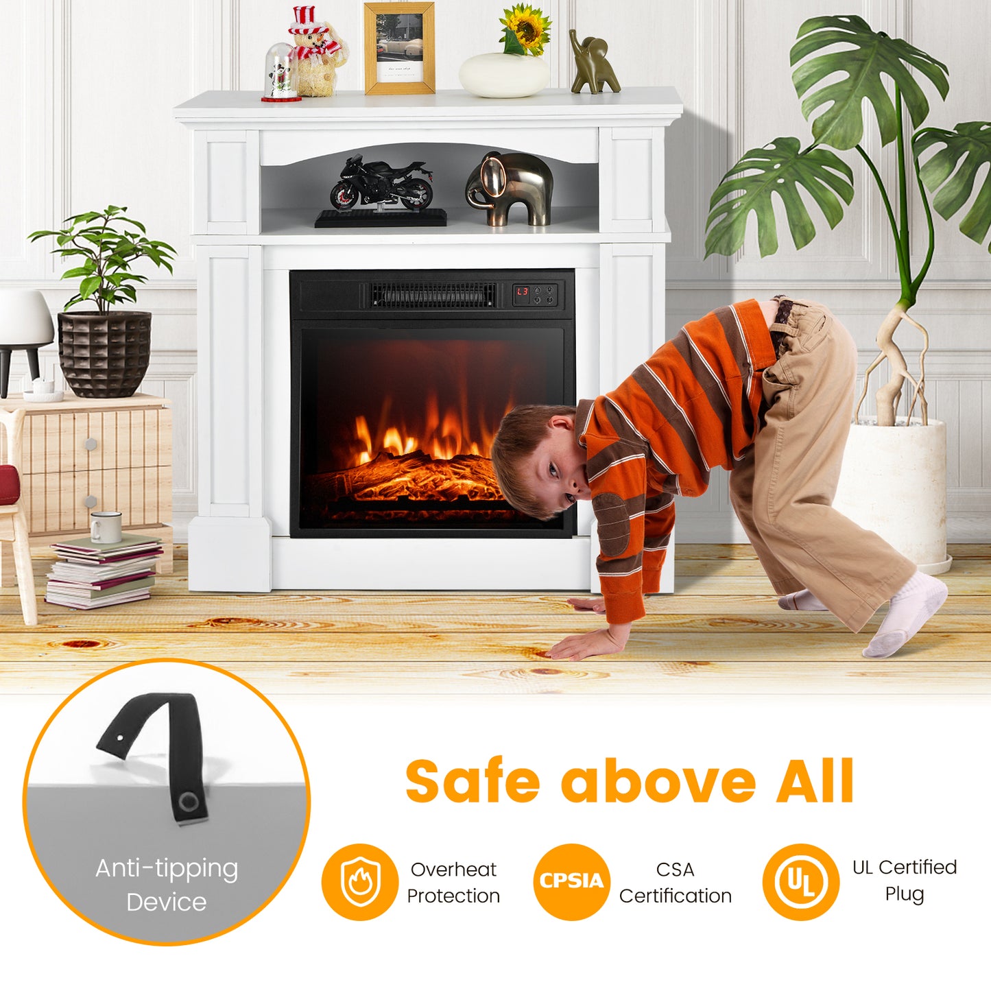 32 Inch Electric Fireplace TV Stand with 1400W Heater & Storage Shelf