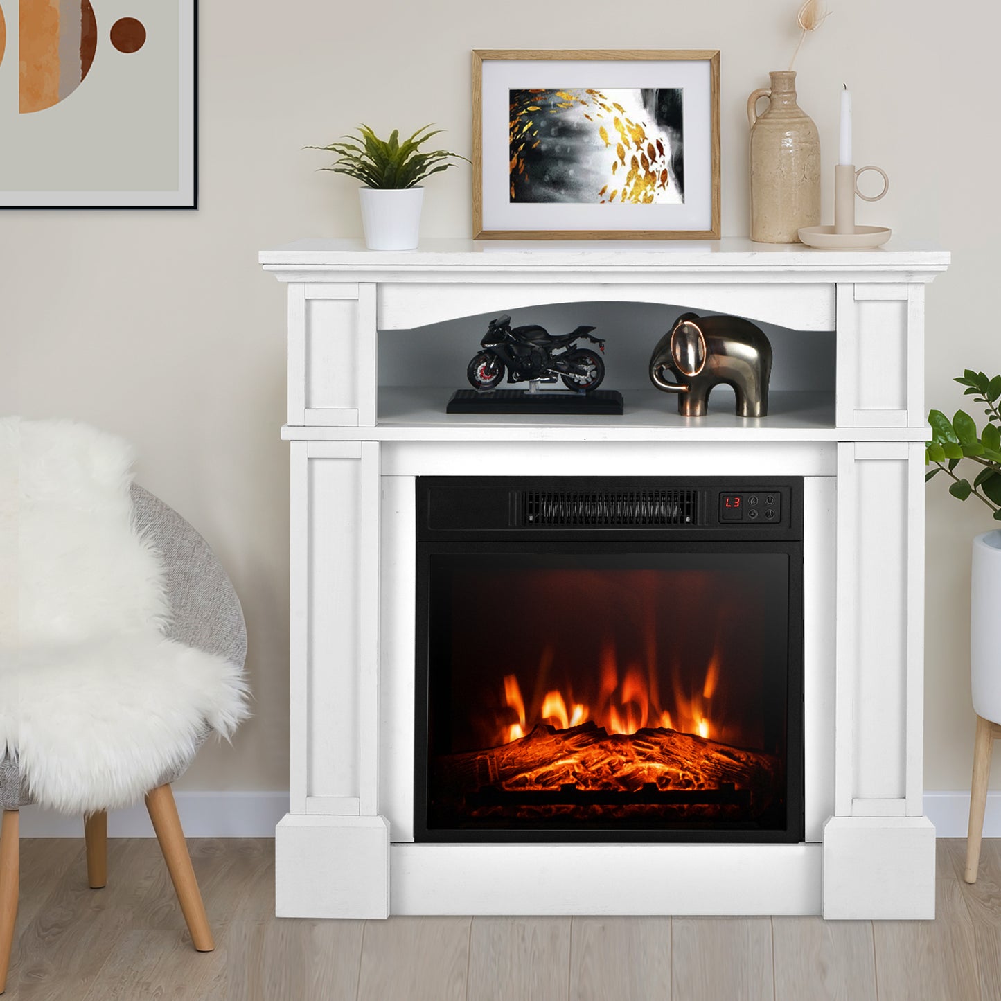 32 Inch Electric Fireplace TV Stand with 1400W Heater & Storage Shelf