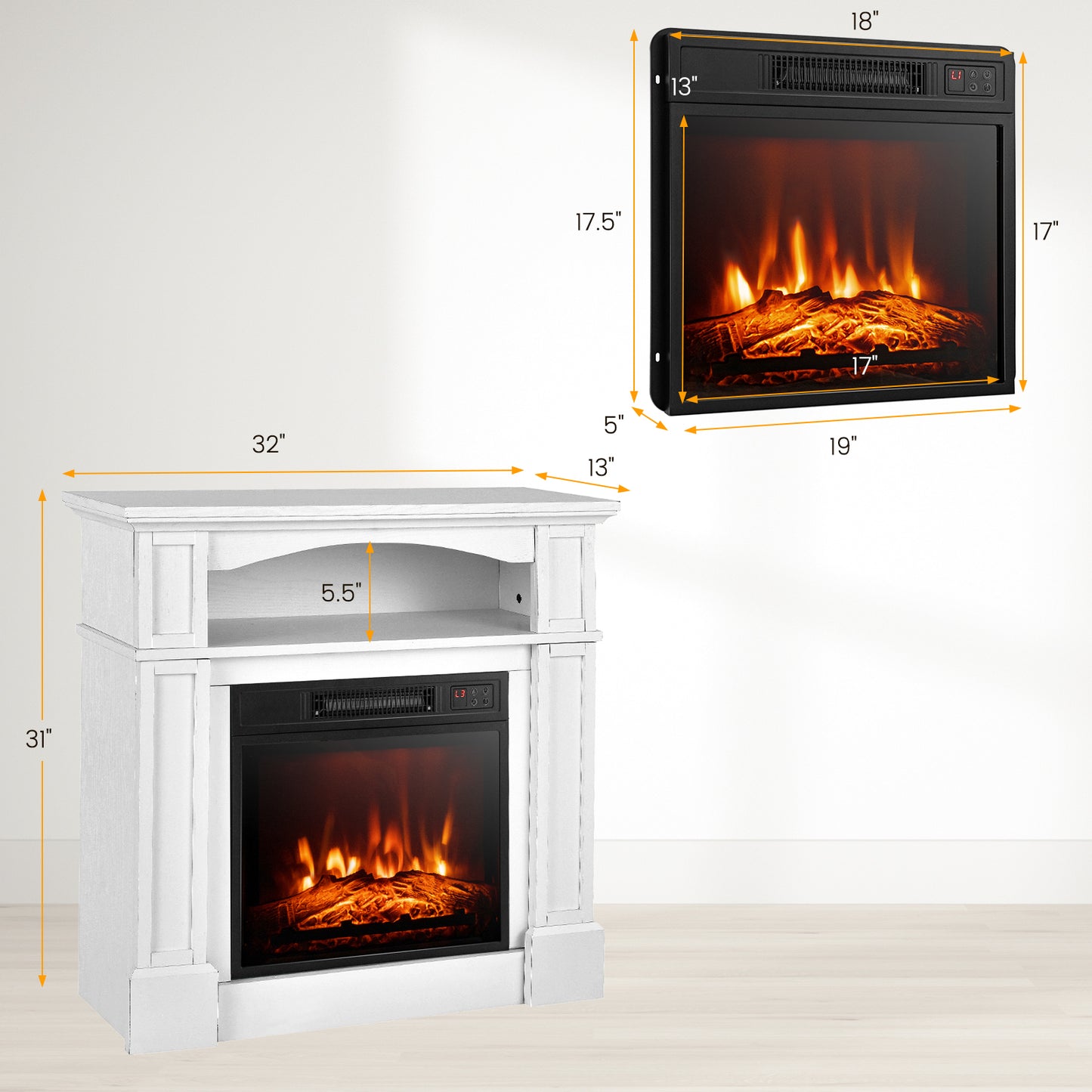 32 Inch Electric Fireplace TV Stand with 1400W Heater & Storage Shelf