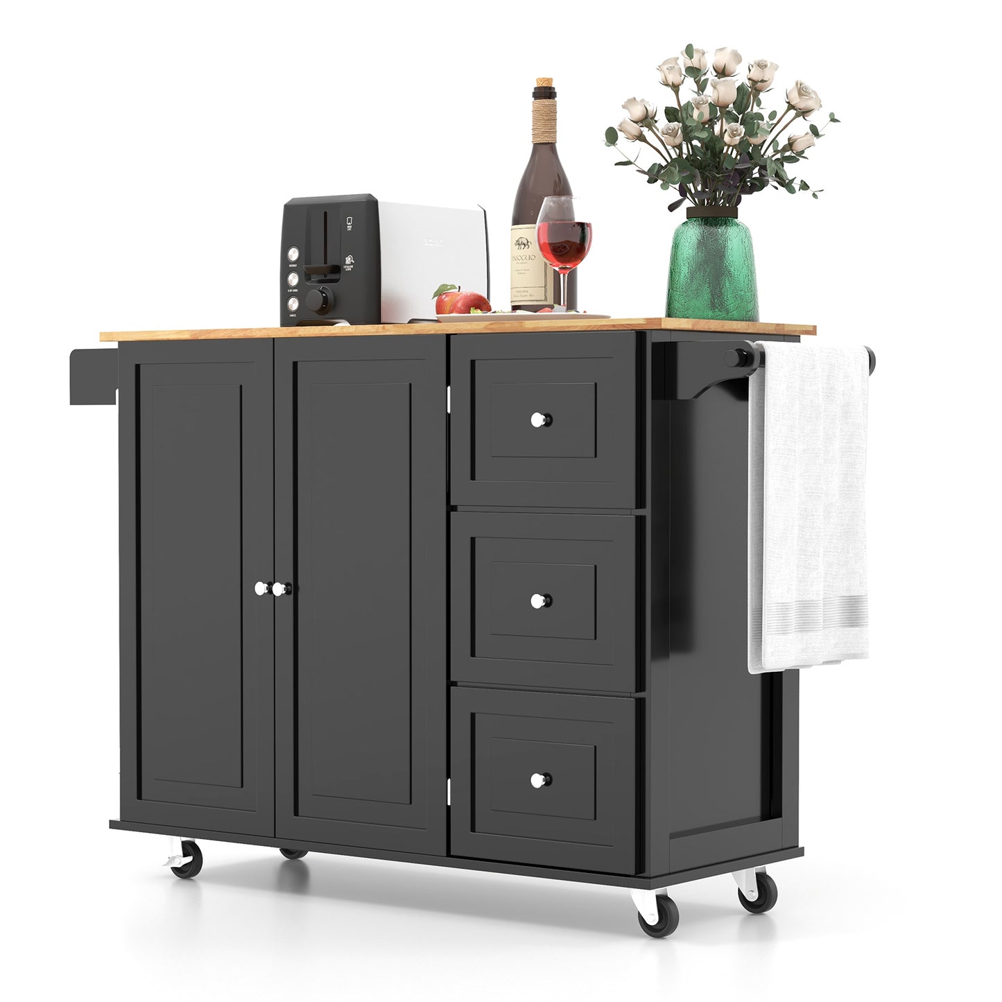 Expandable Rolling Kitchen Island with Storage Drawers Cabinet and Drop Leaf Top in Black