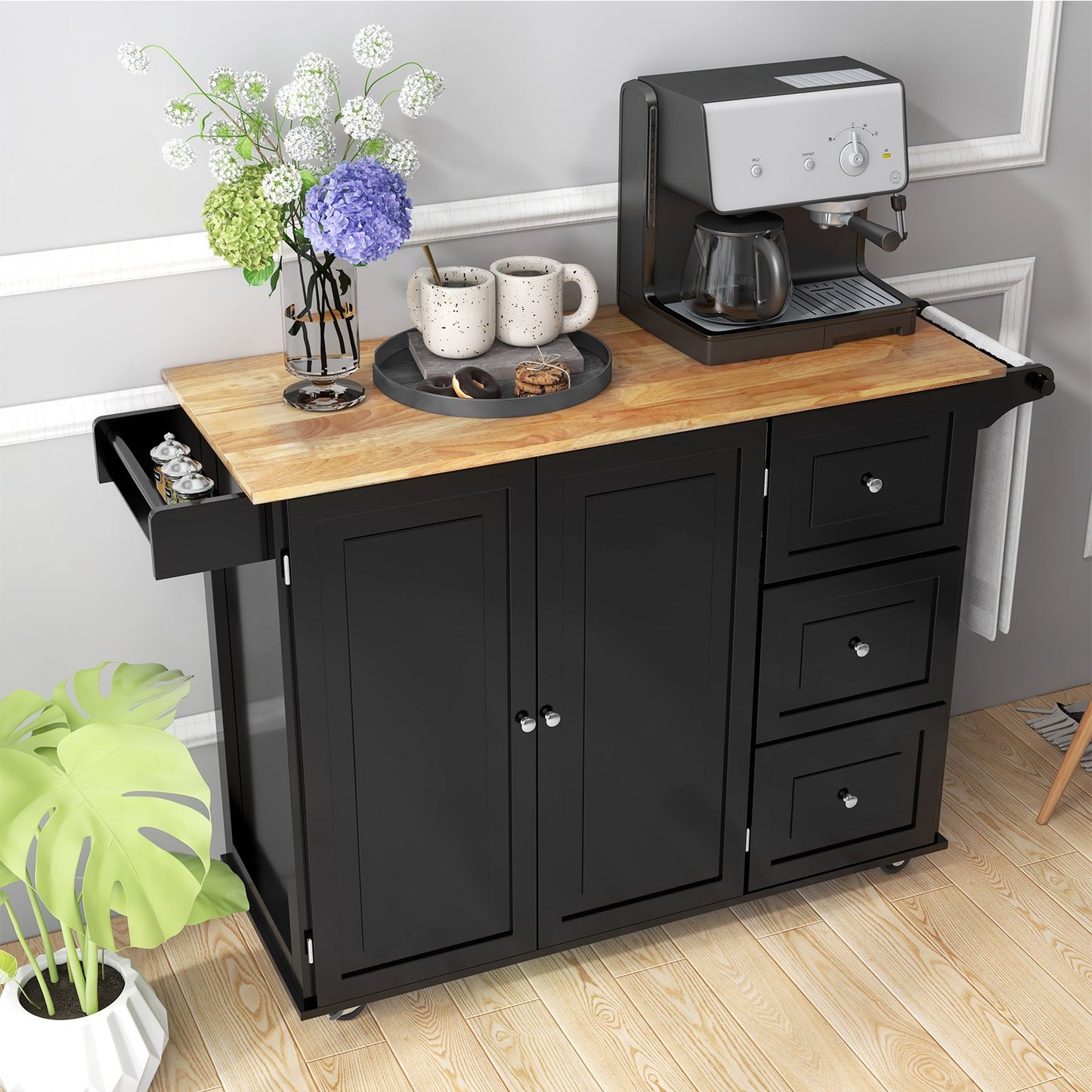 Expandable Rolling Kitchen Island with Storage Drawers Cabinet and Drop Leaf Top in Black