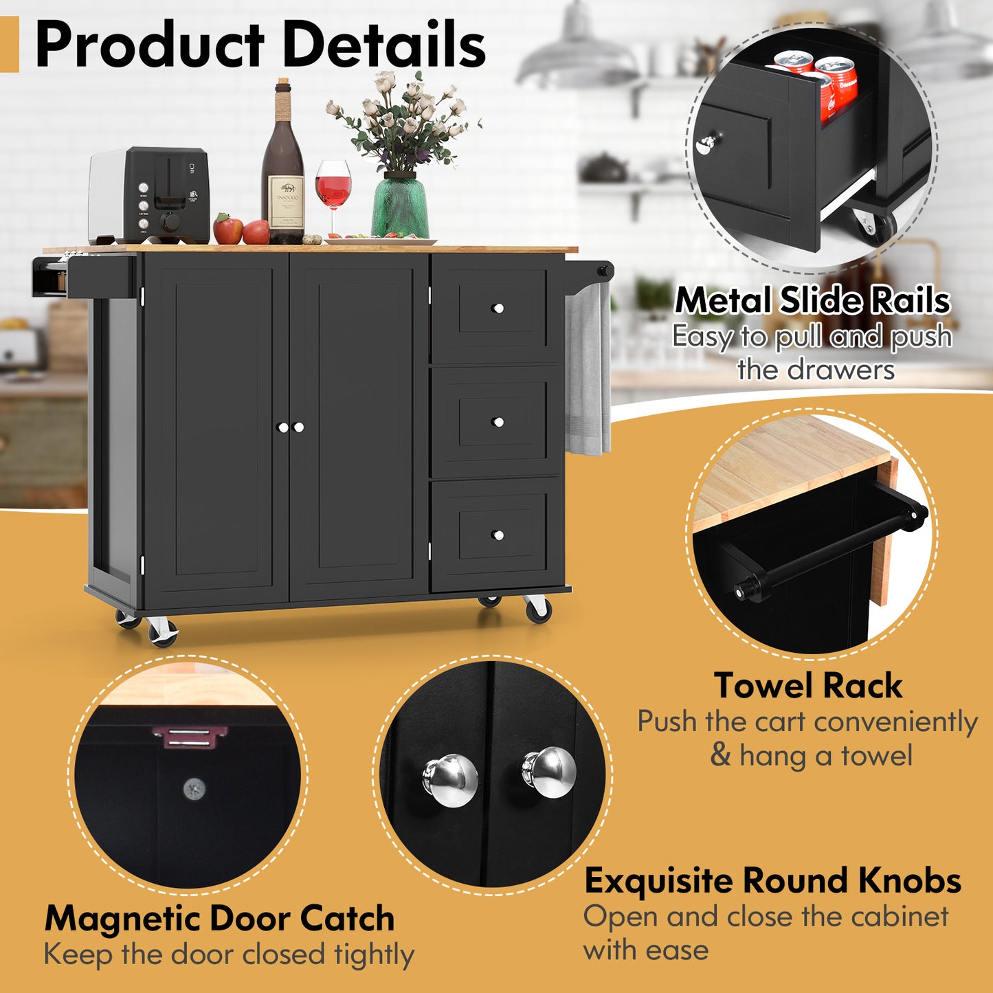 Expandable Rolling Kitchen Island with Storage Drawers Cabinet and Drop Leaf Top in Black