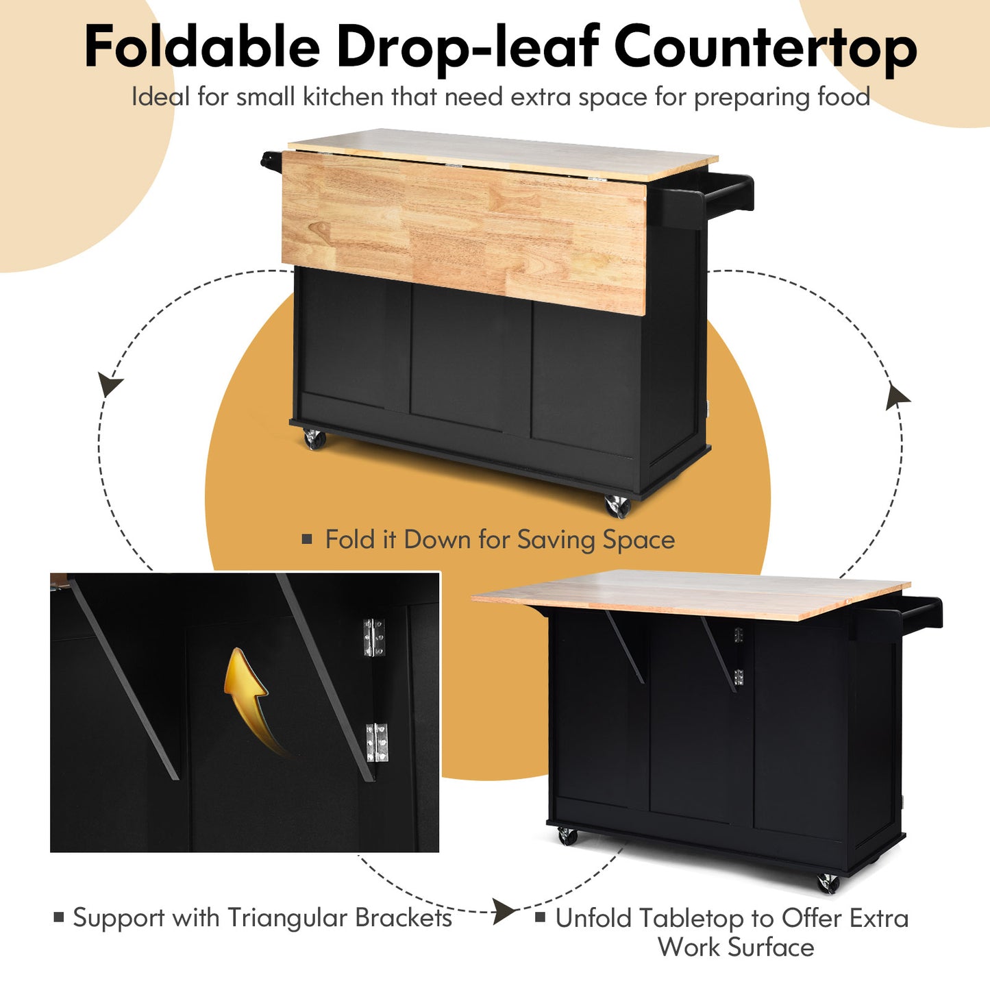 Expandable Rolling Kitchen Island with Storage Drawers Cabinet and Drop Leaf Top in Black