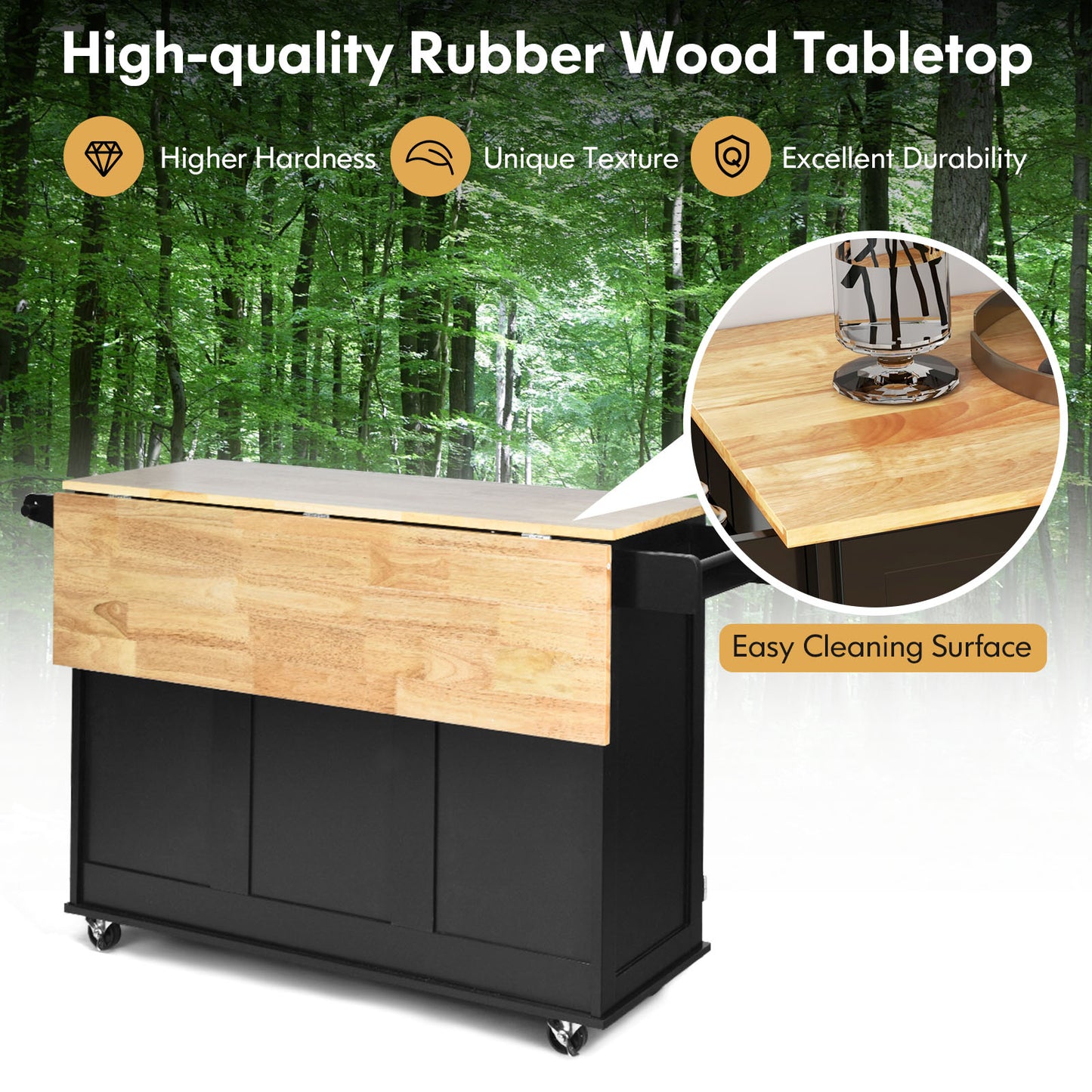Expandable Rolling Kitchen Island with Storage Drawers Cabinet and Drop Leaf Top in Black
