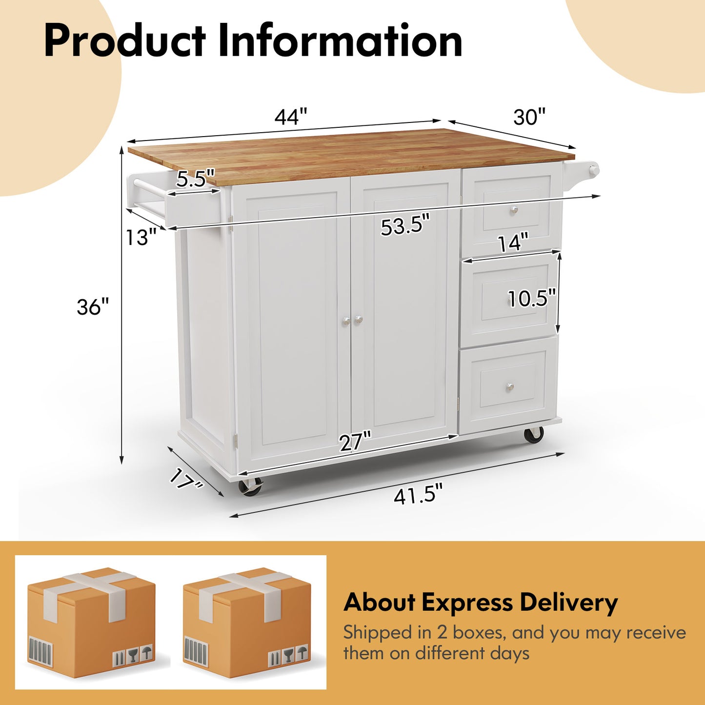 Expandable Rolling Kitchen Island with Storage Drawers Cabinet and Drop Leaf Top in White