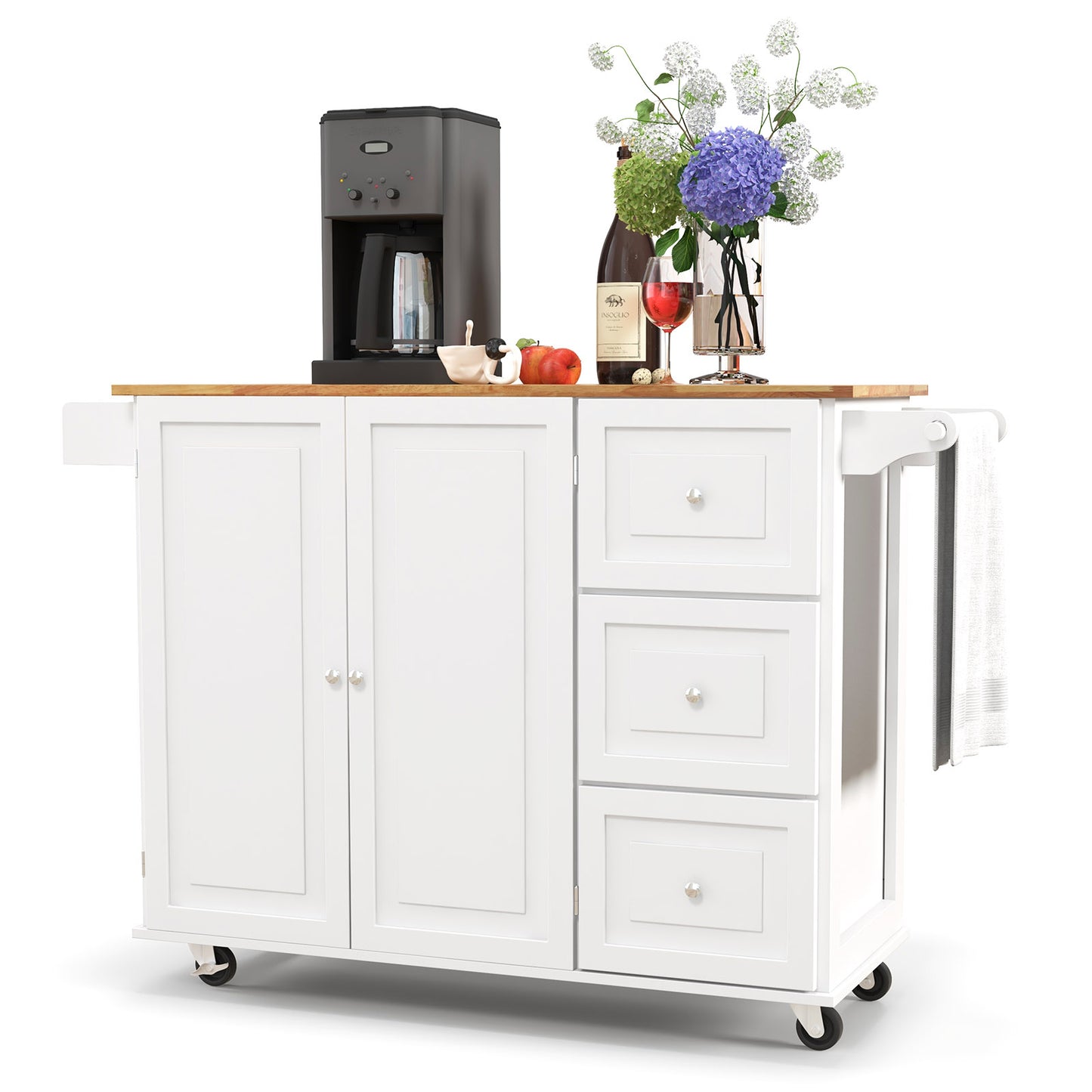Expandable Rolling Kitchen Island with Storage Drawers Cabinet and Drop Leaf Top in White