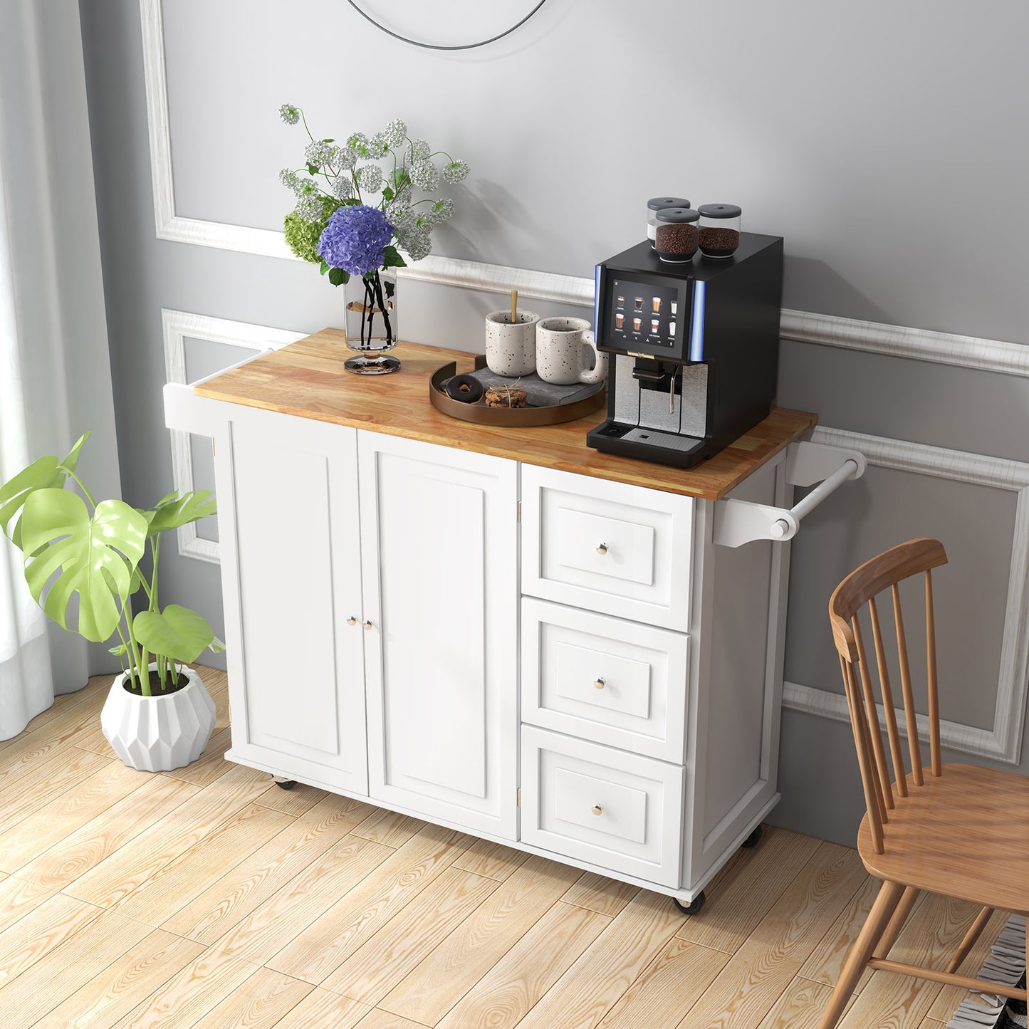 Expandable Rolling Kitchen Island with Storage Drawers Cabinet and Drop Leaf Top in White