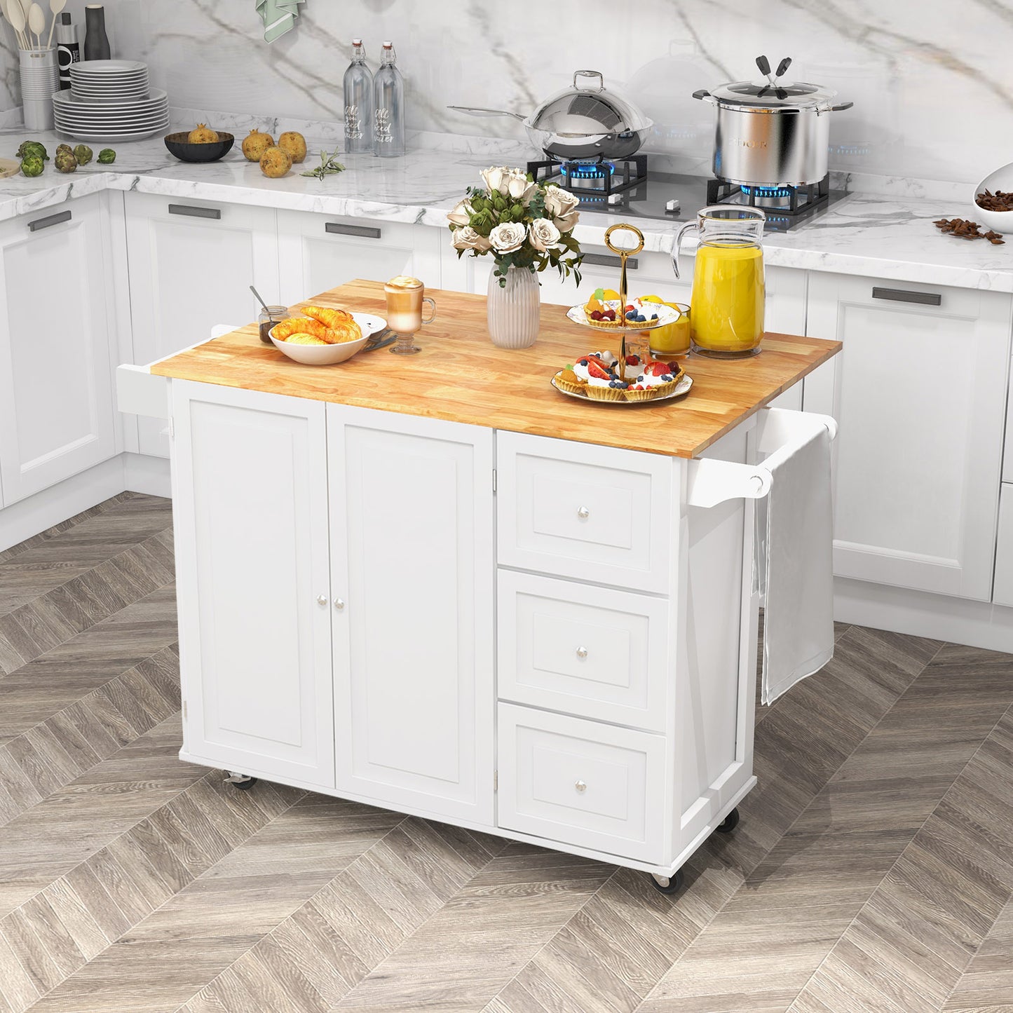 Expandable Rolling Kitchen Island with Storage Drawers Cabinet and Drop Leaf Top in White