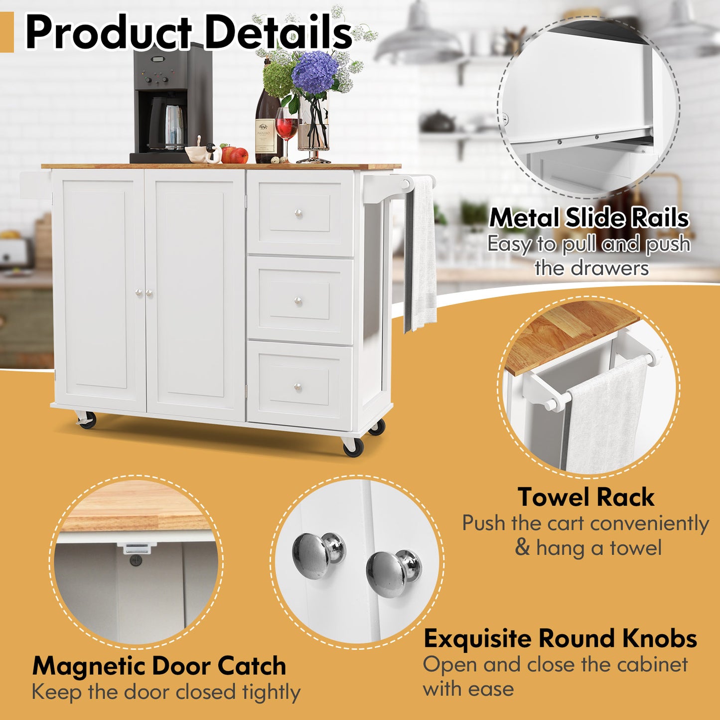 Expandable Rolling Kitchen Island with Storage Drawers Cabinet and Drop Leaf Top in White