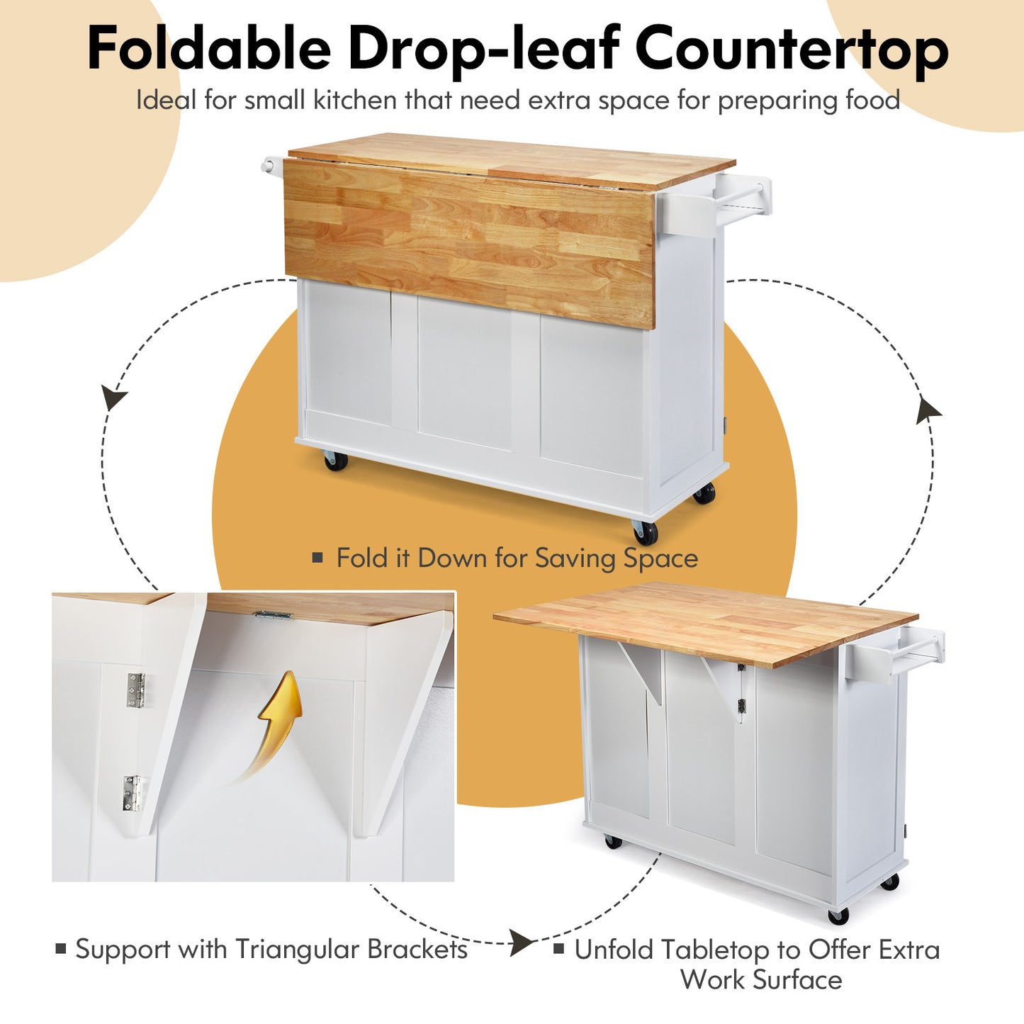Expandable Rolling Kitchen Island with Storage Drawers Cabinet and Drop Leaf Top in White