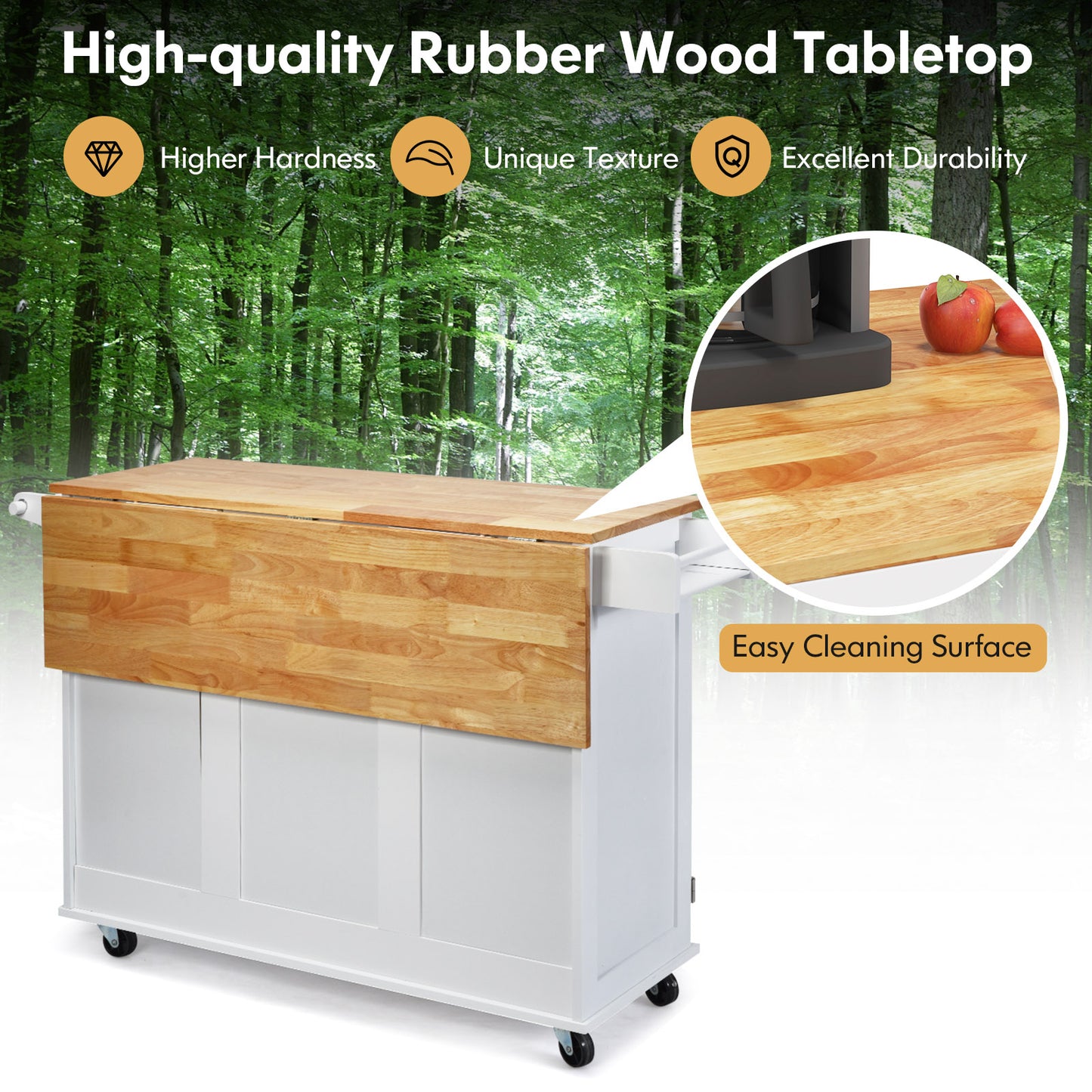 Expandable Rolling Kitchen Island with Storage Drawers Cabinet and Drop Leaf Top in White