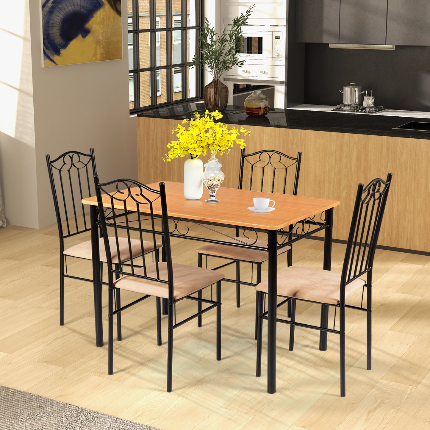 Elegant 5 Piece Dining Set with Wooden Table and Cushioned Chairs for Comfortable Family Meals