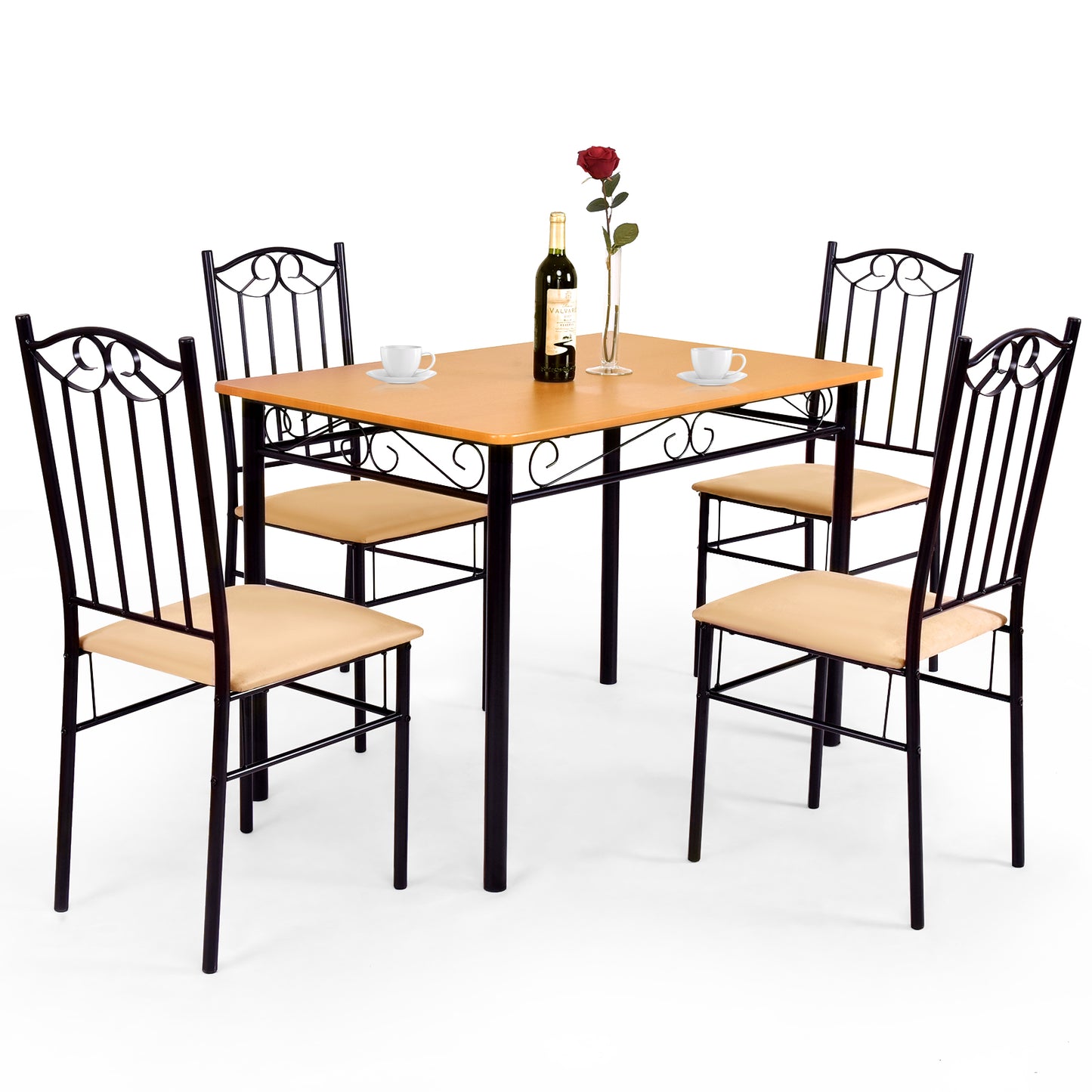 Elegant 5 Piece Dining Set with Wooden Table and Cushioned Chairs for Comfortable Family Meals