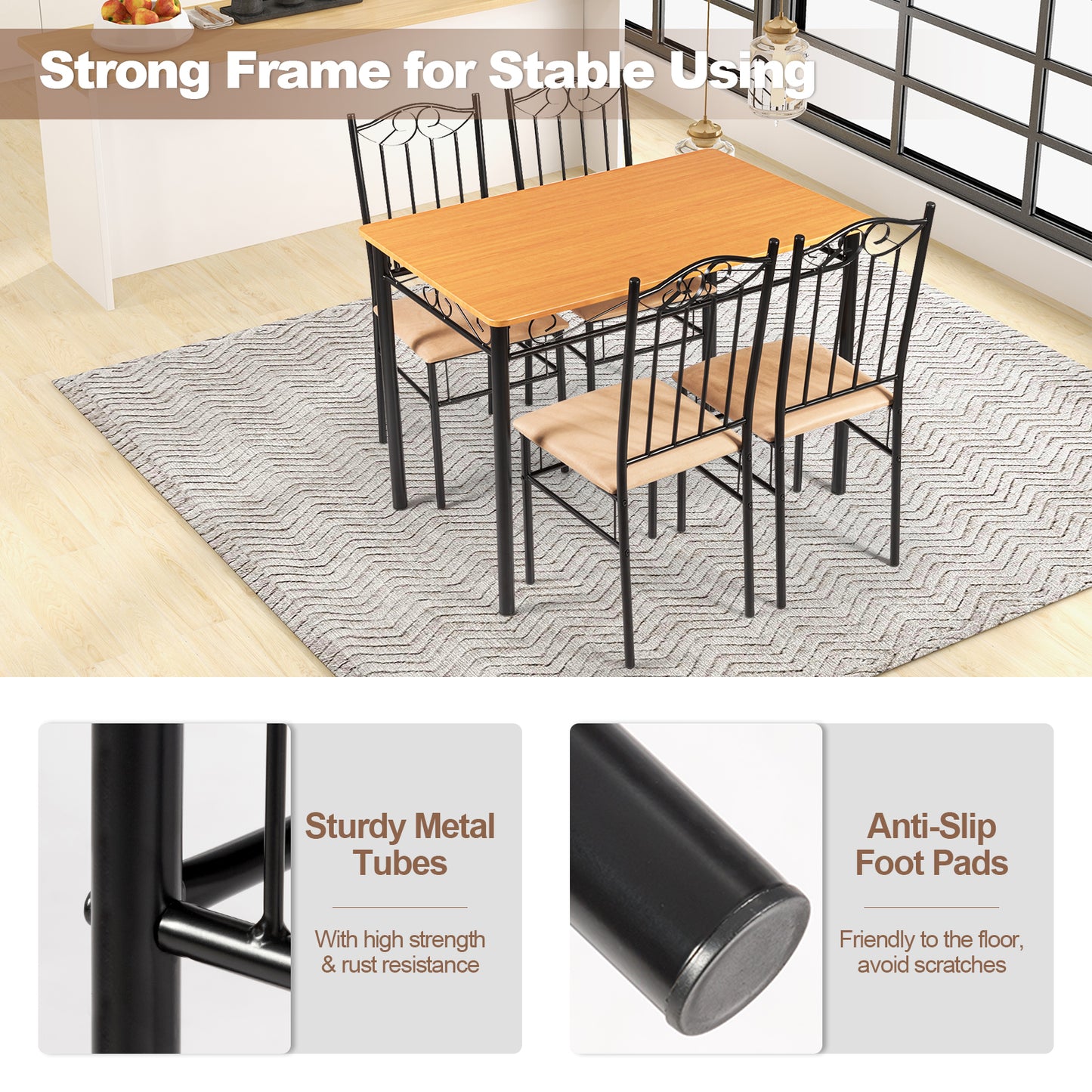 Elegant 5 Piece Dining Set with Wooden Table and Cushioned Chairs for Comfortable Family Meals