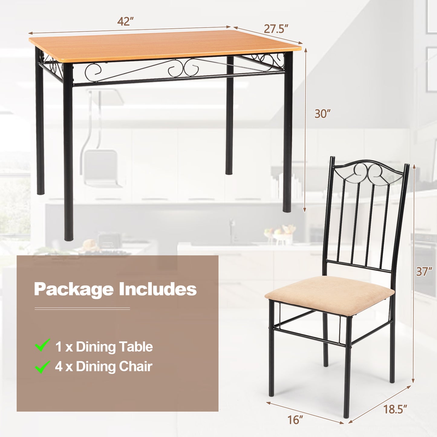 Elegant 5 Piece Dining Set with Wooden Table and Cushioned Chairs for Comfortable Family Meals