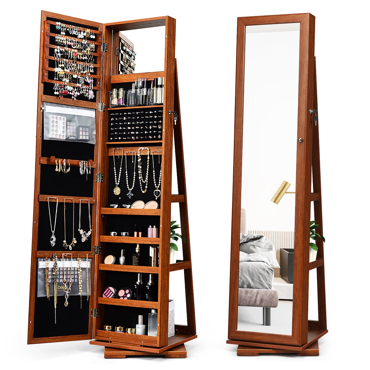360 Degree Rotating Jewelry Armoire with Lockable Storage and Full Length Mirror in Brown