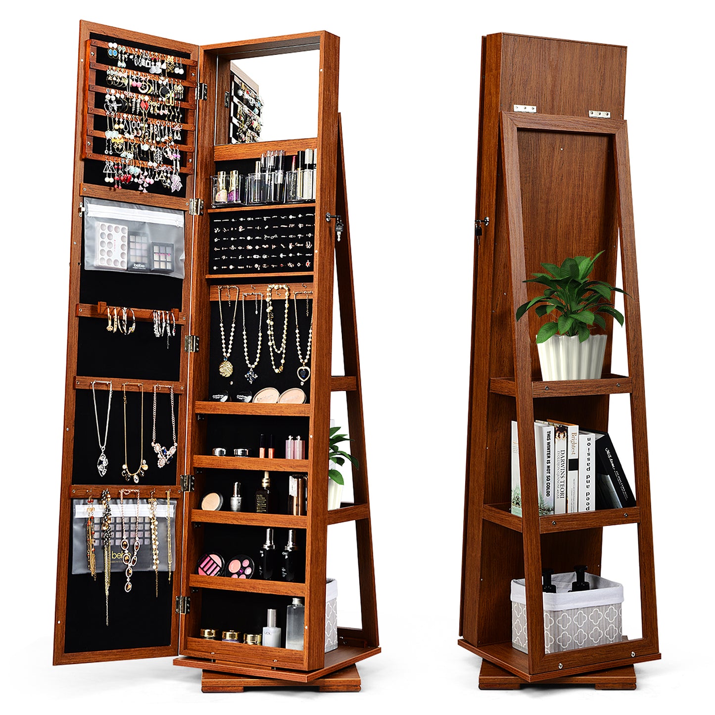 360 Degree Rotating Jewelry Armoire with Lockable Storage and Full Length Mirror in Brown