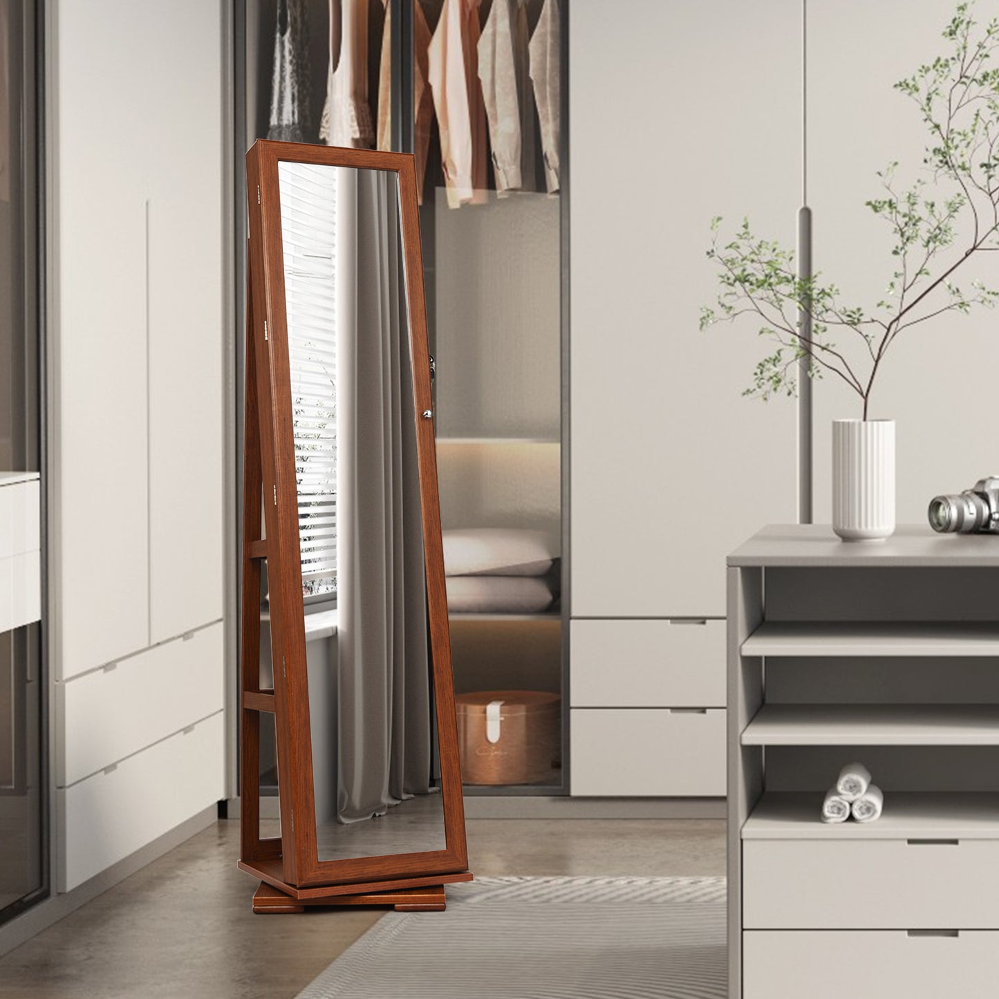 360 Degree Rotating Jewelry Armoire with Lockable Storage and Full Length Mirror in Brown