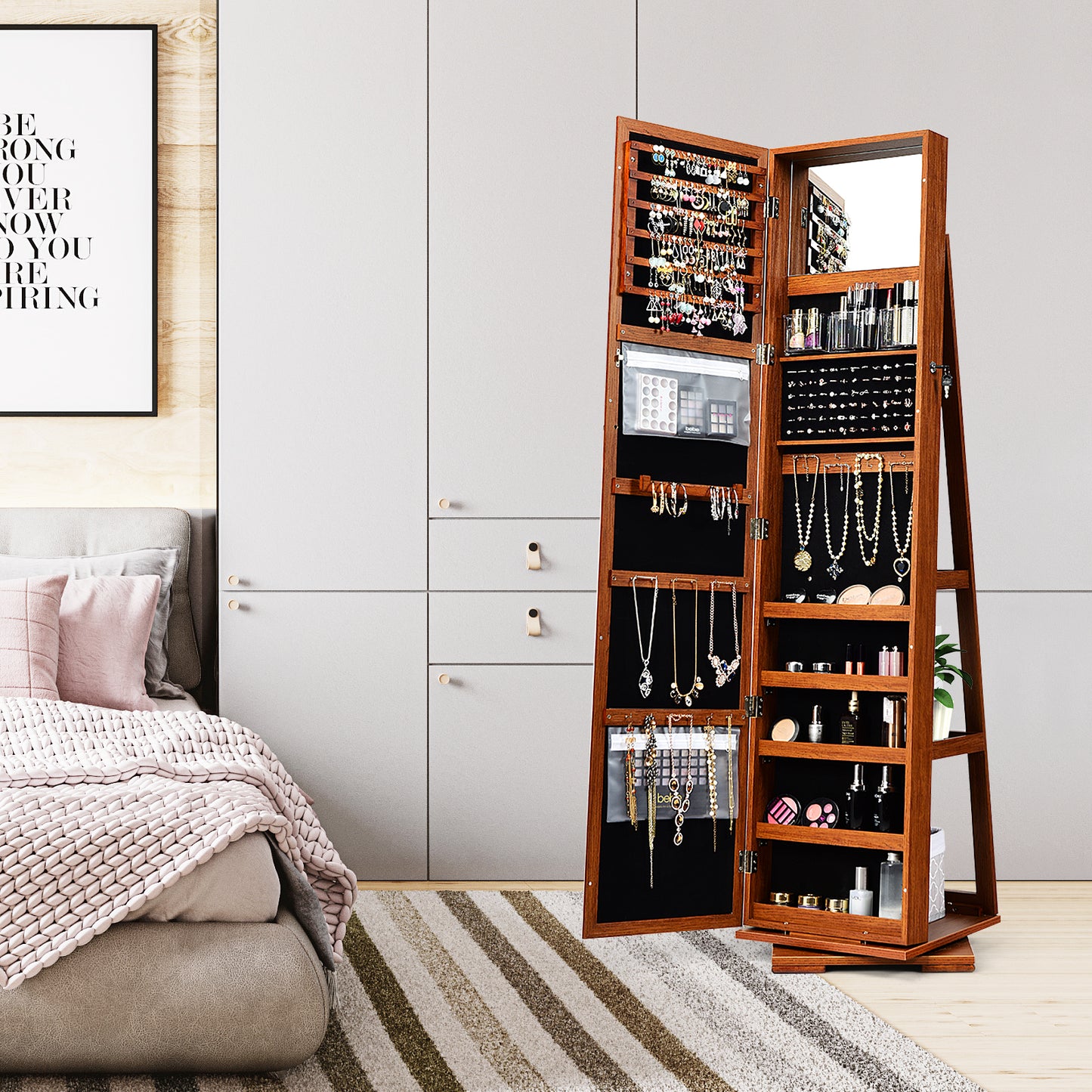 360 Degree Rotating Jewelry Armoire with Lockable Storage and Full Length Mirror in Brown
