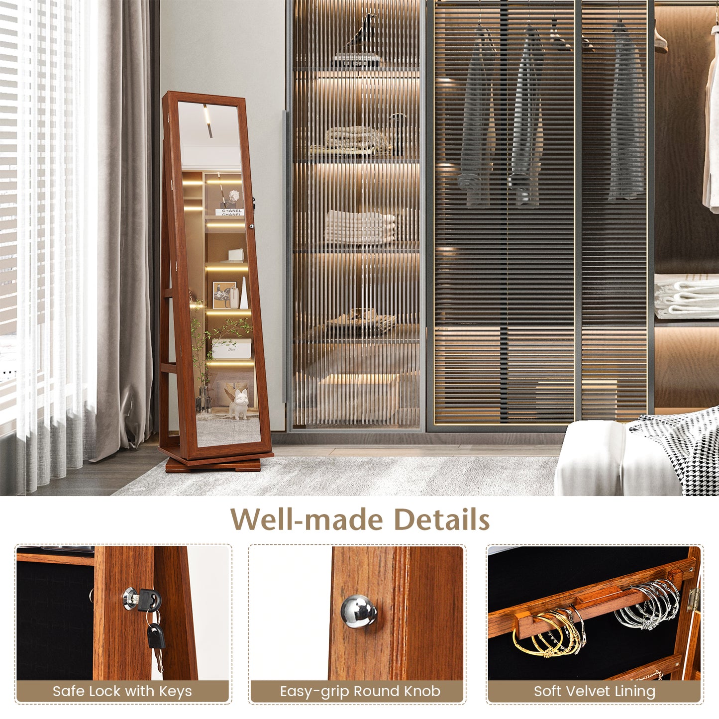 360 Degree Rotating Jewelry Armoire with Lockable Storage and Full Length Mirror in Brown