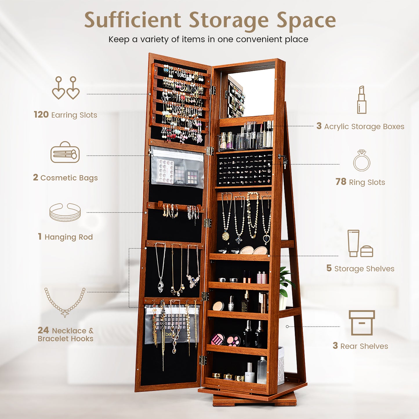 360 Degree Rotating Jewelry Armoire with Lockable Storage and Full Length Mirror in Brown