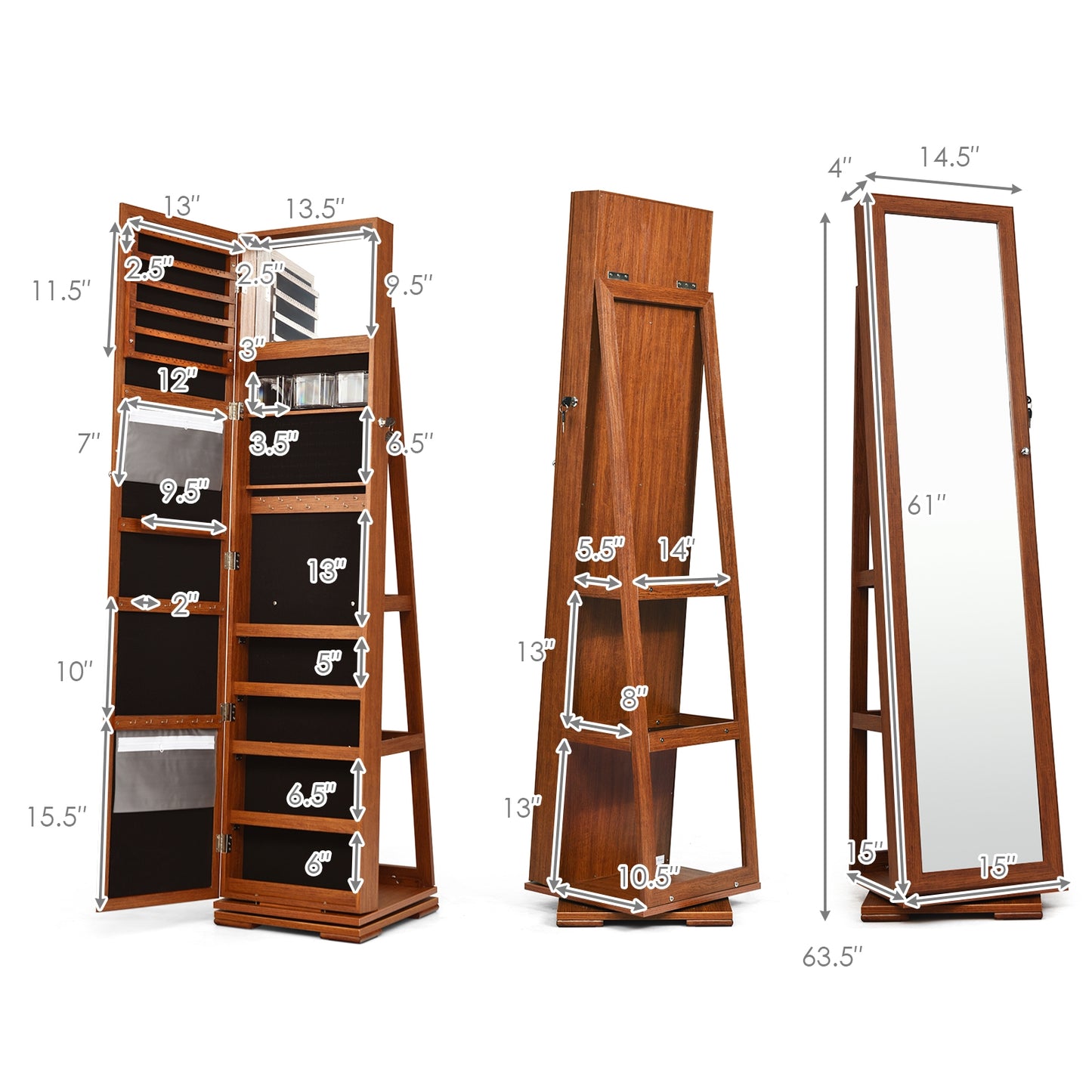 360 Degree Rotating Jewelry Armoire with Lockable Storage and Full Length Mirror in Brown