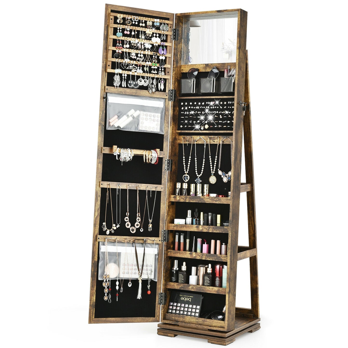 360 Degree Rotating Jewelry Armoire with Lockable Storage and Full Length Mirror in Rustic Brown