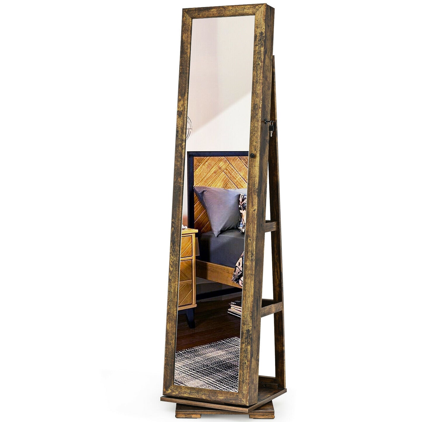 360 Degree Rotating Jewelry Armoire with Lockable Storage and Full Length Mirror in Rustic Brown