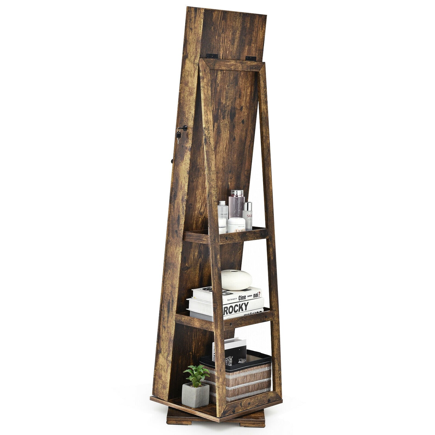 360 Degree Rotating Jewelry Armoire with Lockable Storage and Full Length Mirror in Rustic Brown