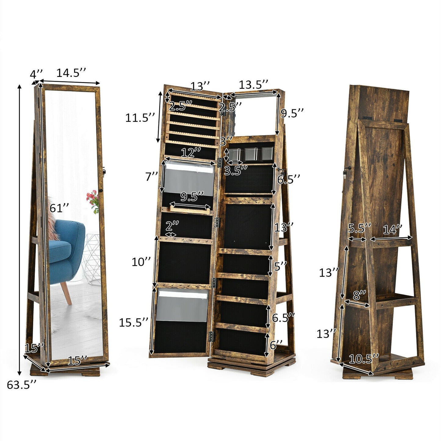 360 Degree Rotating Jewelry Armoire with Lockable Storage and Full Length Mirror in Rustic Brown