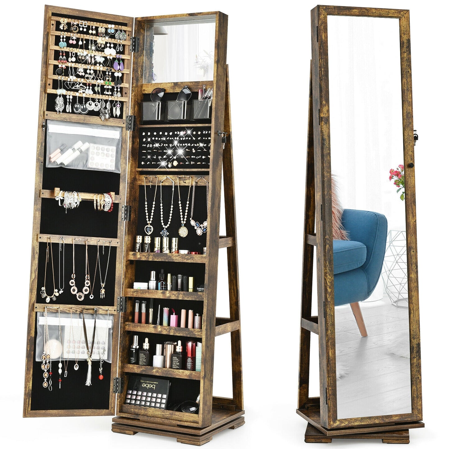 360 Degree Rotating Jewelry Armoire with Lockable Storage and Full Length Mirror in Rustic Brown