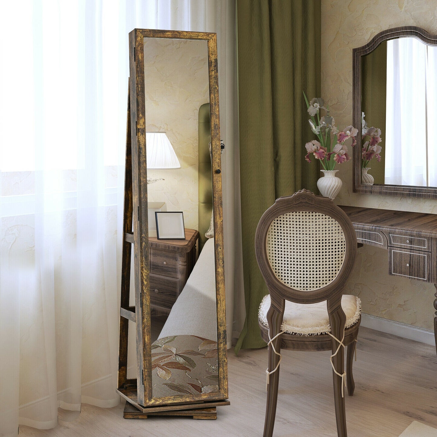 360 Degree Rotating Jewelry Armoire with Lockable Storage and Full Length Mirror in Rustic Brown