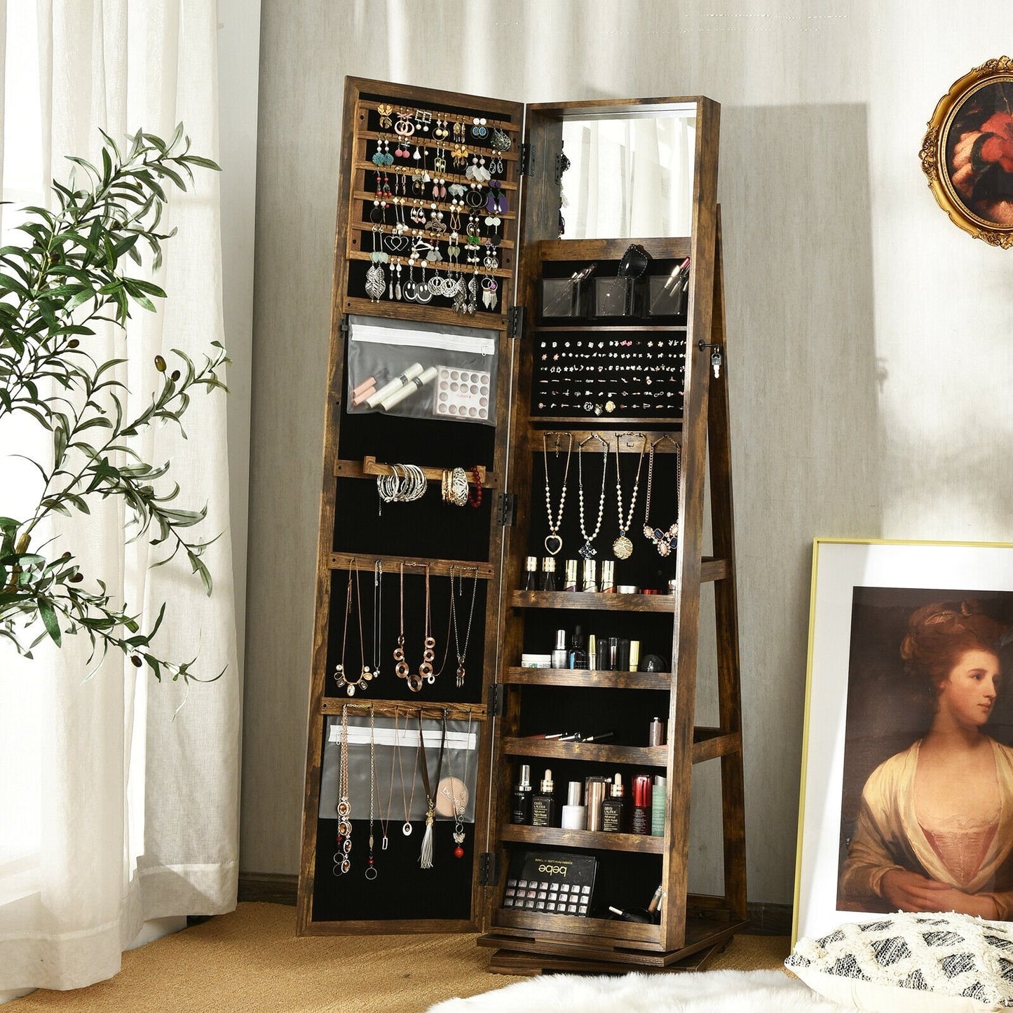 360 Degree Rotating Jewelry Armoire with Lockable Storage and Full Length Mirror in Rustic Brown